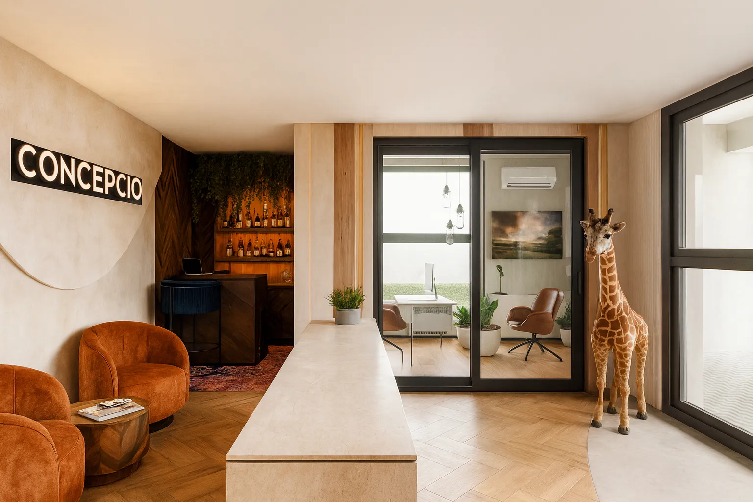 Showroom fogadótér prémium enteriőr-részletekkel, szakmai találkozópontként